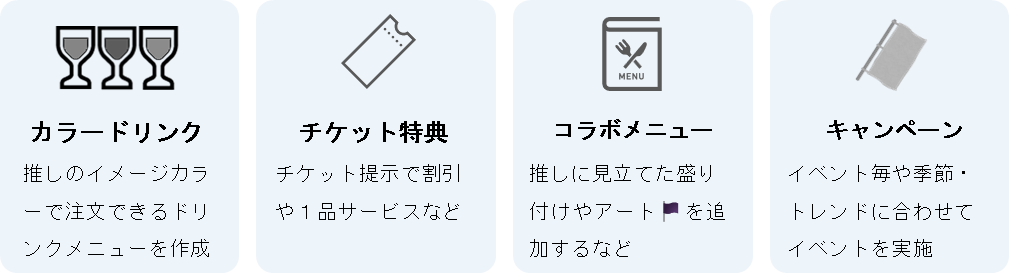 例として、カラードリンク、チケット特典、コラボメニュー、キャンペーン